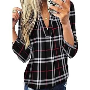 Black and White Plaid Collar Cuffed Sleeve Top